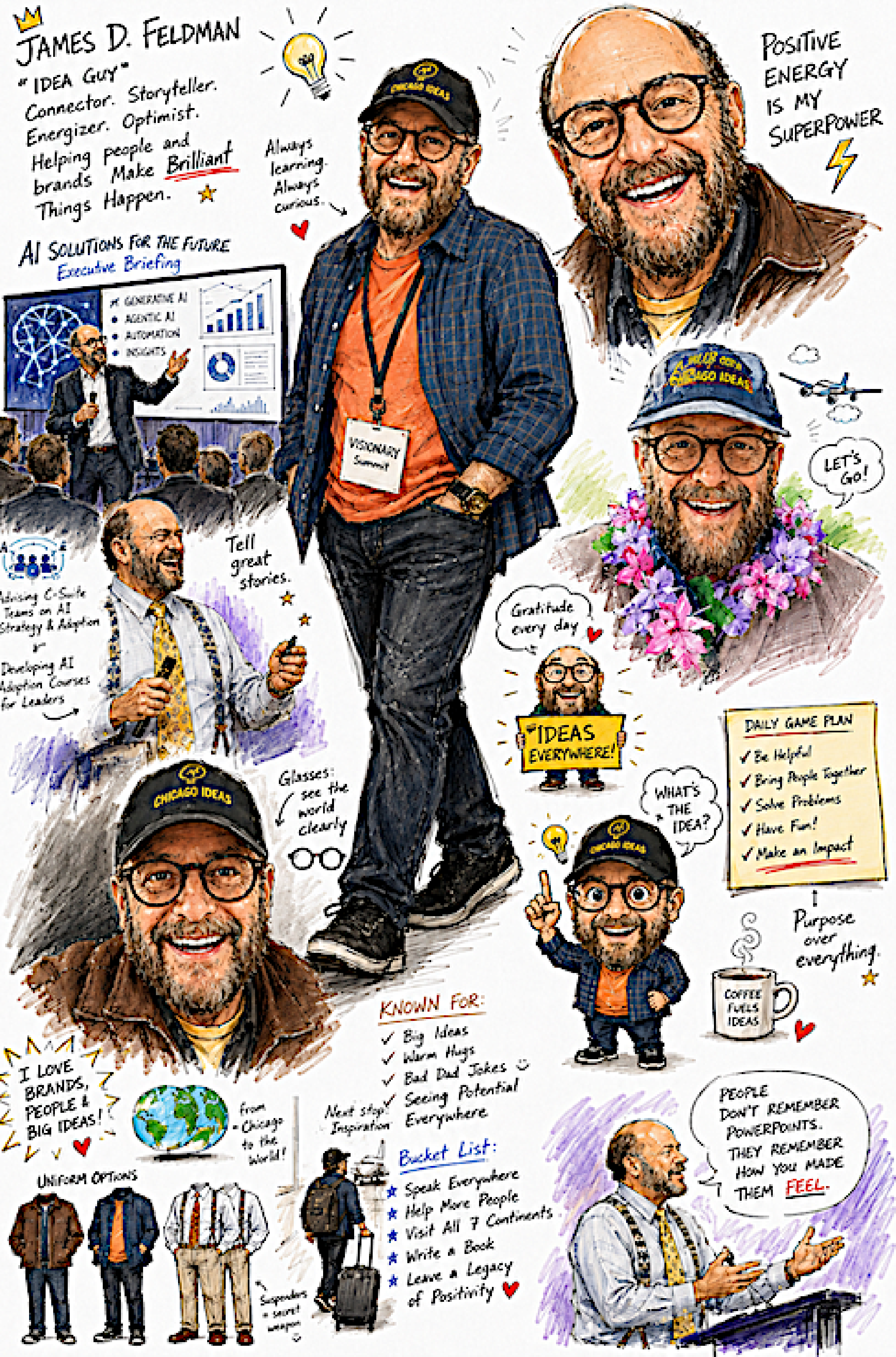 Illustrated profile of James D. Feldman as speaker, storyteller, connector, and idea guy