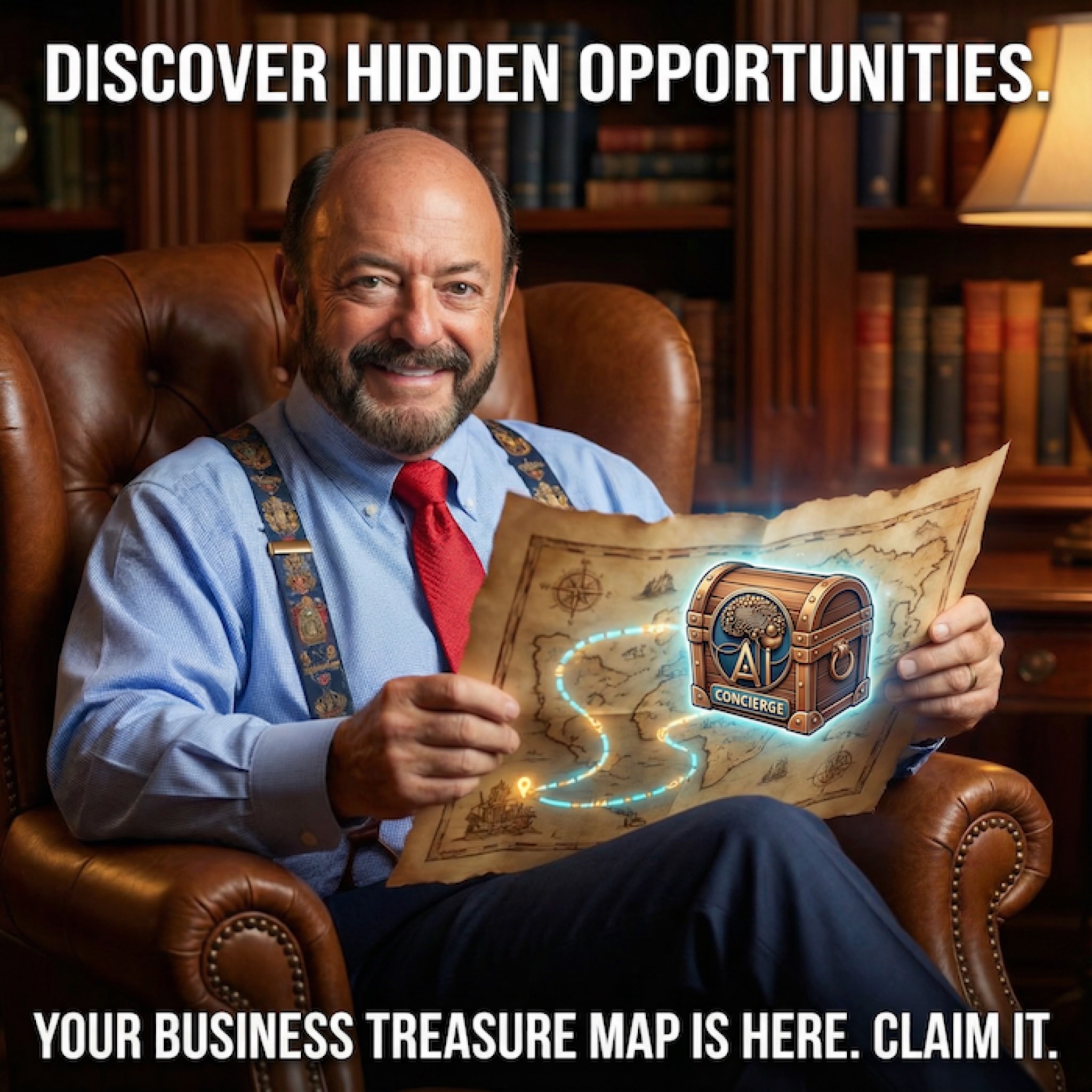 James Feldman holding an AI Concierge treasure map with the message Discover Hidden Opportunities